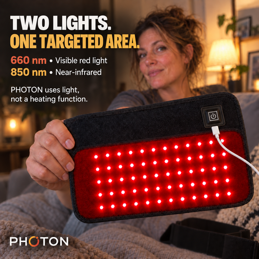 Red light therapy belt showing 660nm and 850nm LED wavelengths