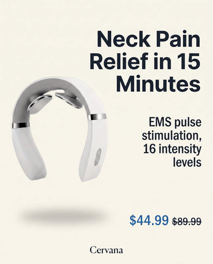 Vertebra neck massager worn on neck showing electrode pads