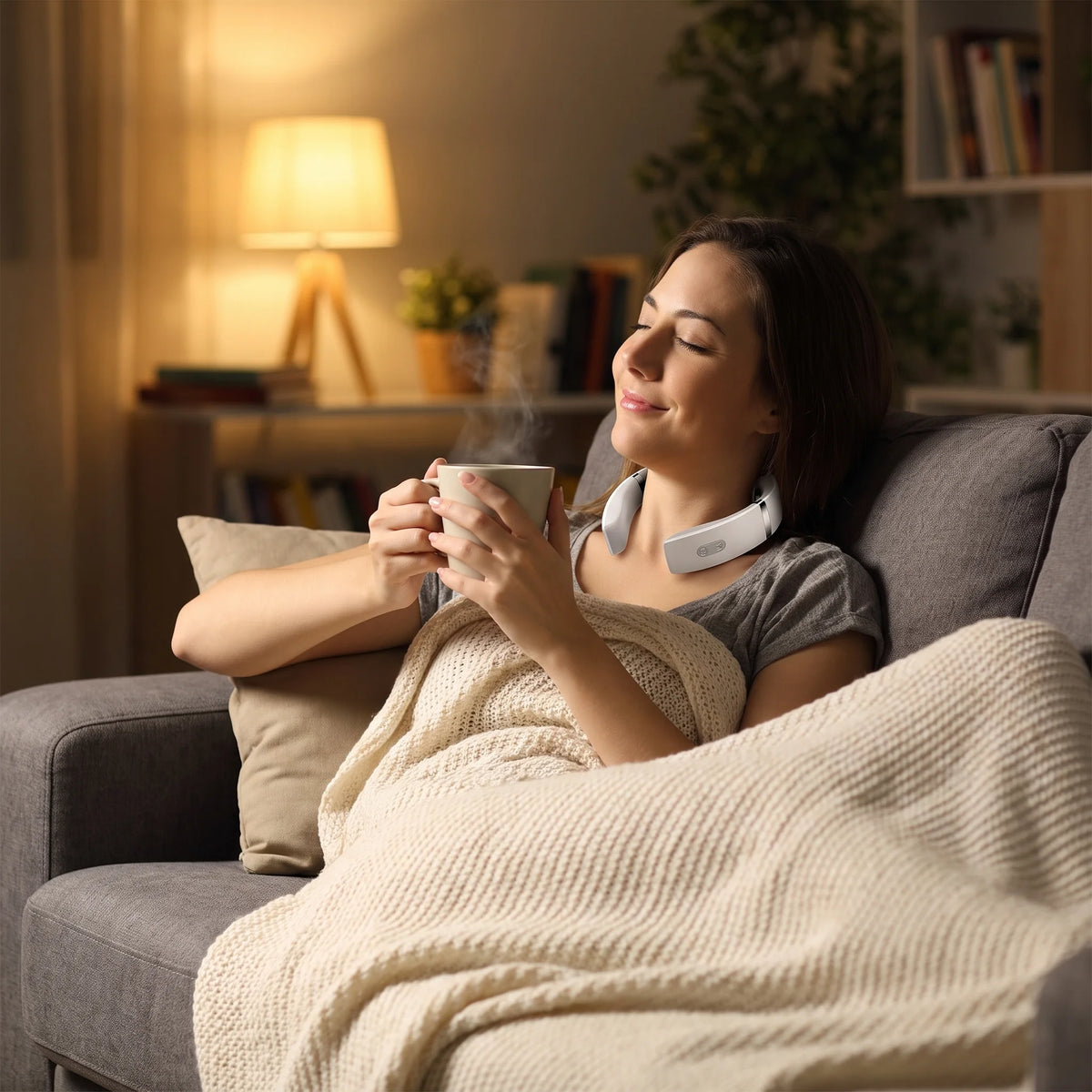 Woman using Vertebra neck massager at home