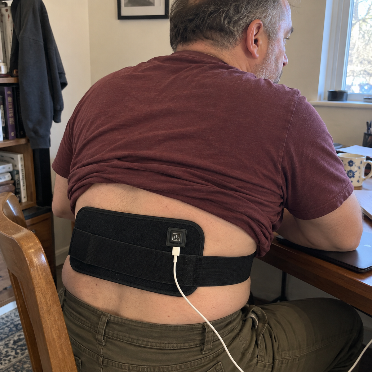 Man using Photon Belt at desk - office worker back relief