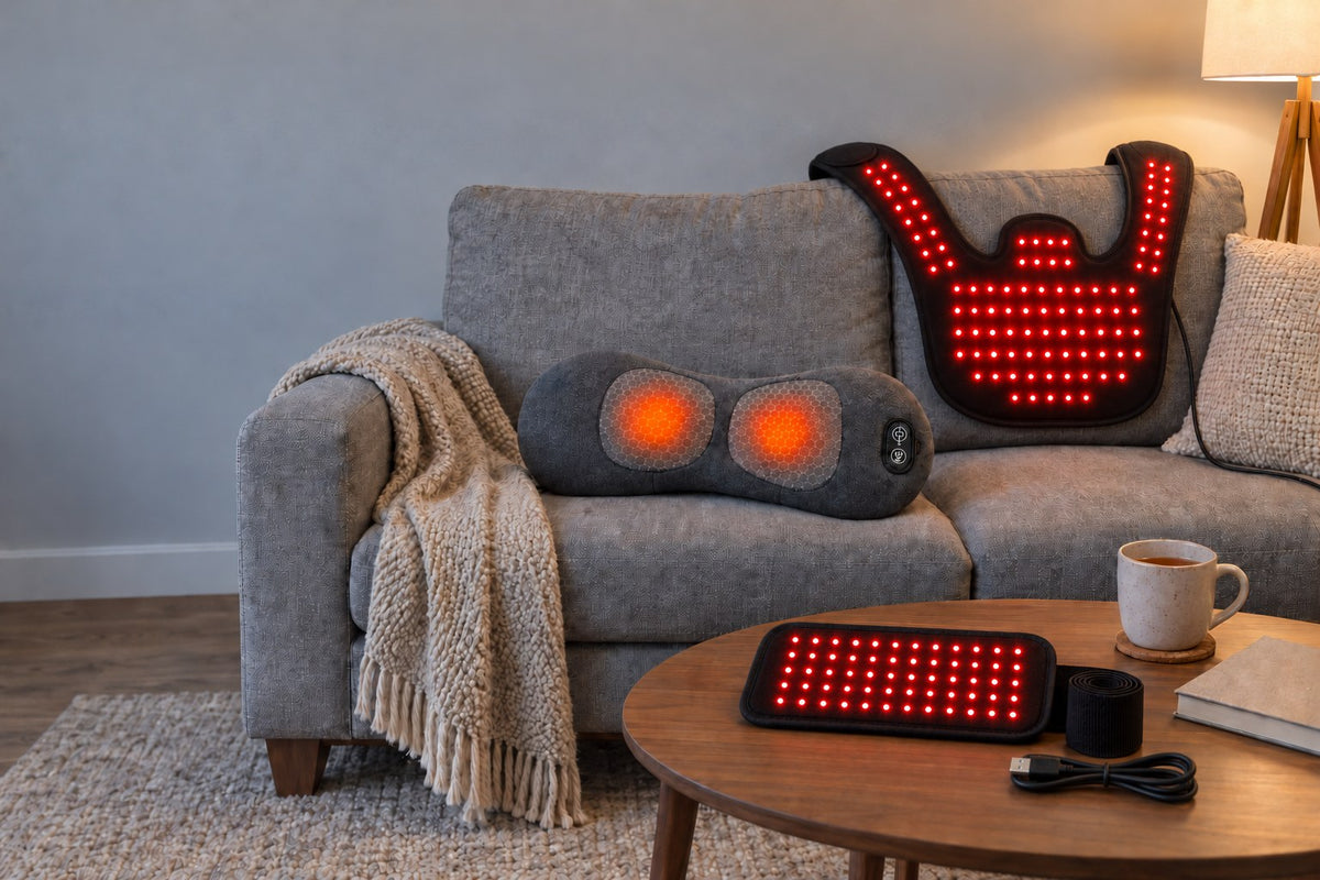 Photon Red Light Belt, Lumbar Lift and Shoulder Cape in a living room in the evening